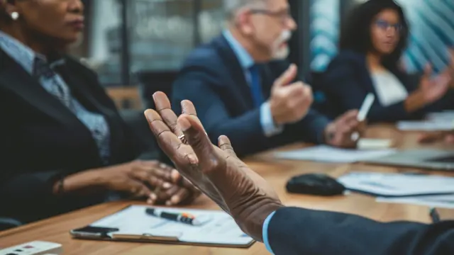 Group collaborating at table, one participants hands gesturing  Group collaborating at table, one participants hands gesturing