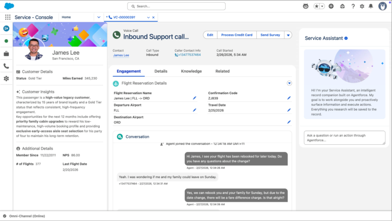 A Salesforce Service Console displaying an inbound support call for a customer..webp
