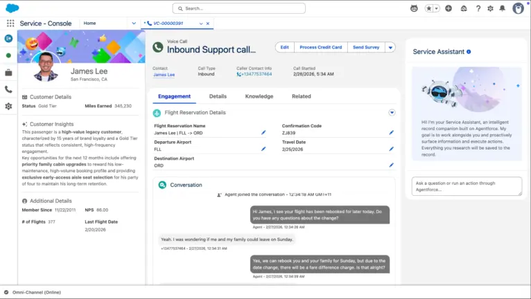 A Salesforce Service Console displaying an inbound support call for a customer..webp
