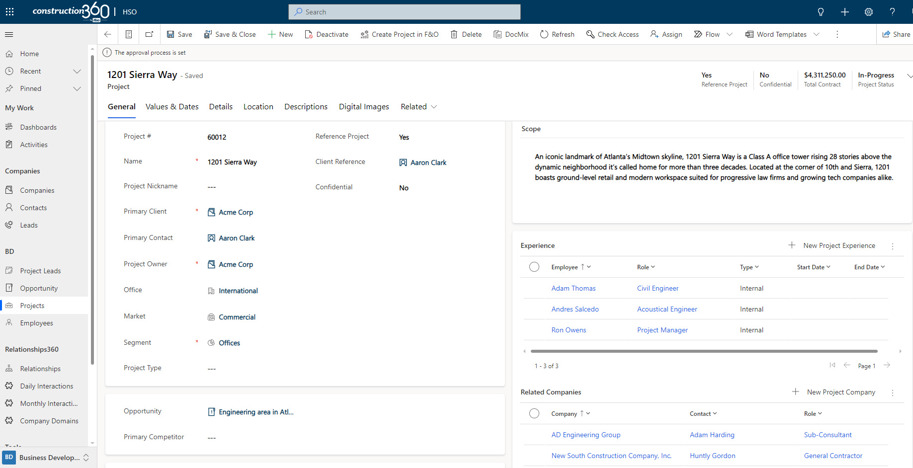Sample historic project record