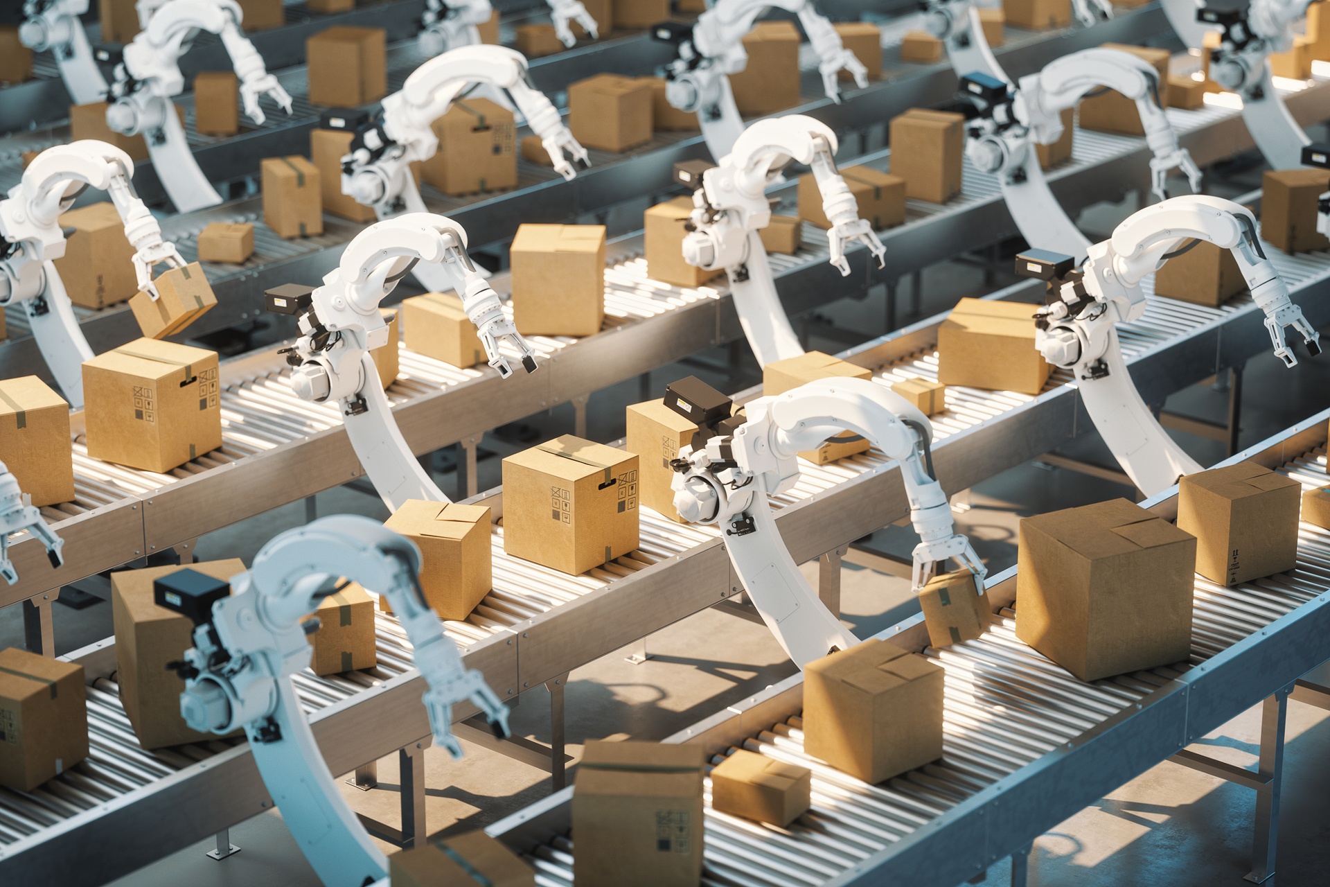 Robots with boxes in a manufacturing plant