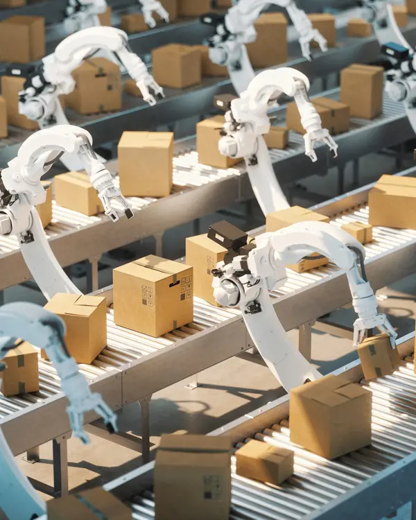 Robots with boxes in a manufacturing plant Robots with boxes in a manufacturing plant
