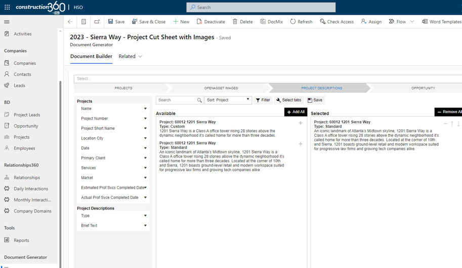 Document generation tool in construction360
