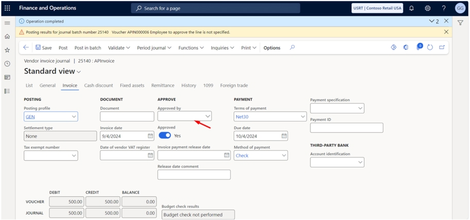 D365 Finance and Operations UI, highlighting 'approved by' field.