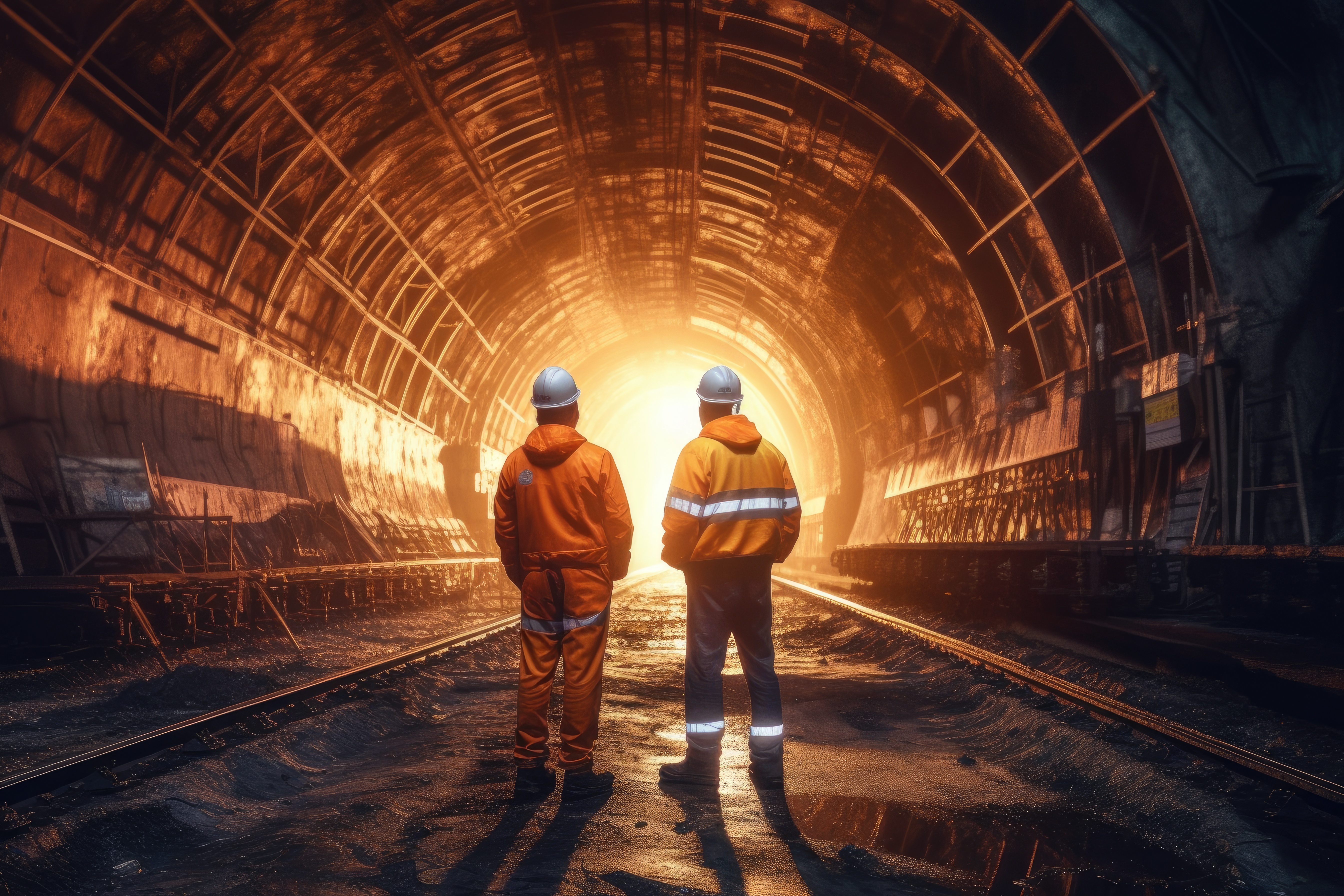 An image of a construction tunnel with two people standing and looking at the other end of the tunnel