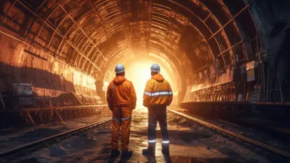 An image of a construction tunnel with two people standing and looking at the other end of the tunnel An image of a construction tunnel with two people standing and looking at the other end of the tunnel