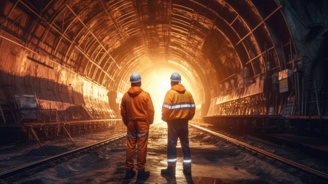 An image of a construction tunnel with two people standing and looking at the other end of the tunnel
