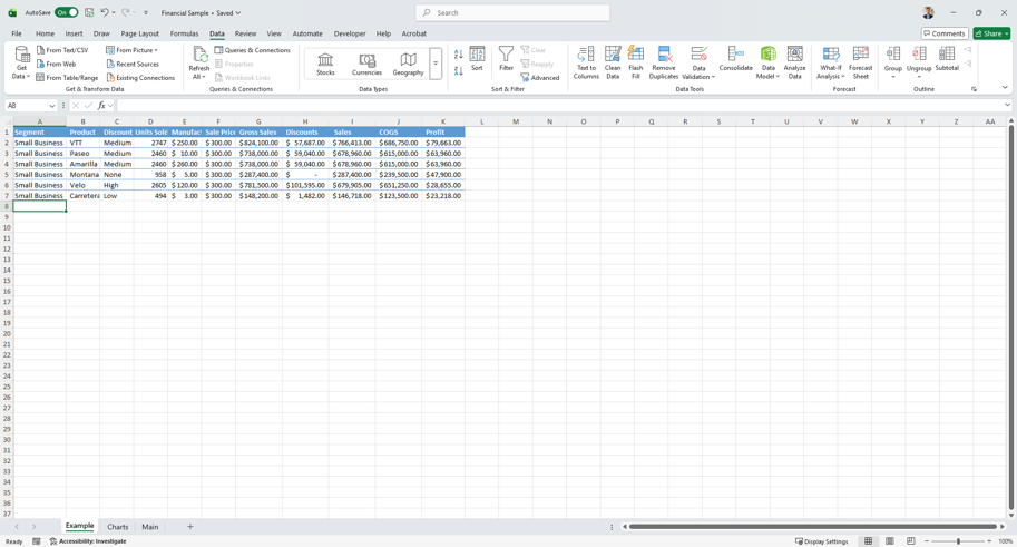 small sample data in excel