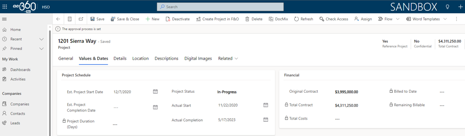 Sample project dates and financial data