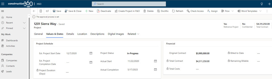 Sample project record with values and dates