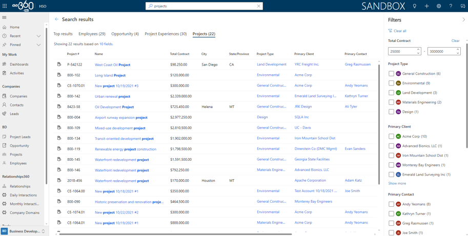 List of projects with filters