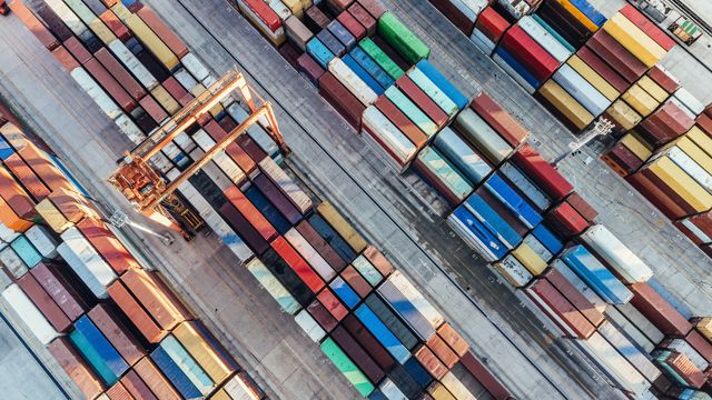 Aerial view of shipping containers for supply chain