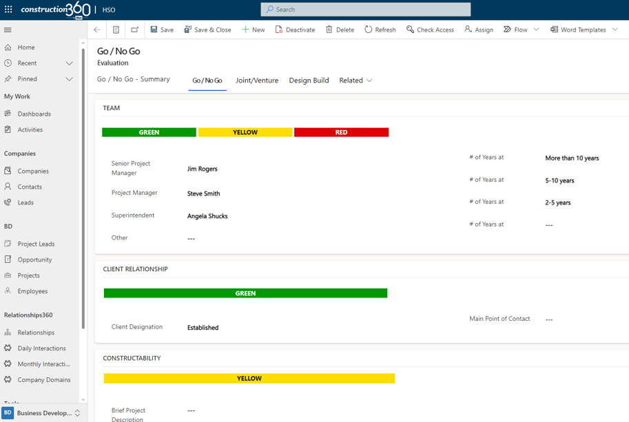 Sample Go/No Go form snapshot in construction360