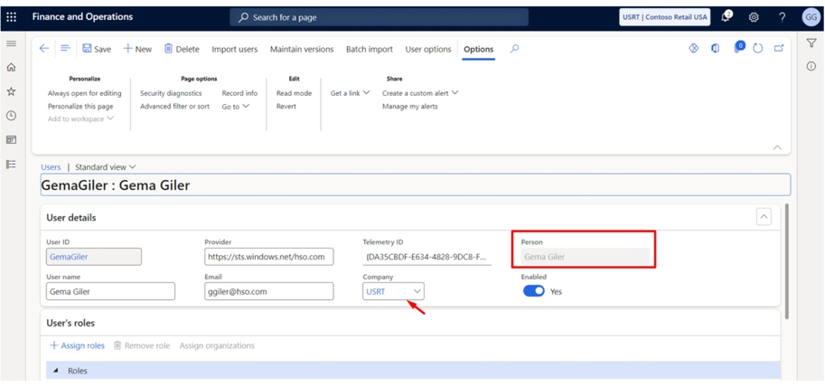 D365 Finance and Operations UI, highlighting 'Person' and 'Company' Fields.