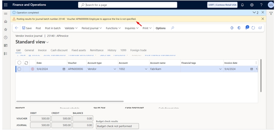 D365 Finance and Operations UI, highlighting error message in yellow banner