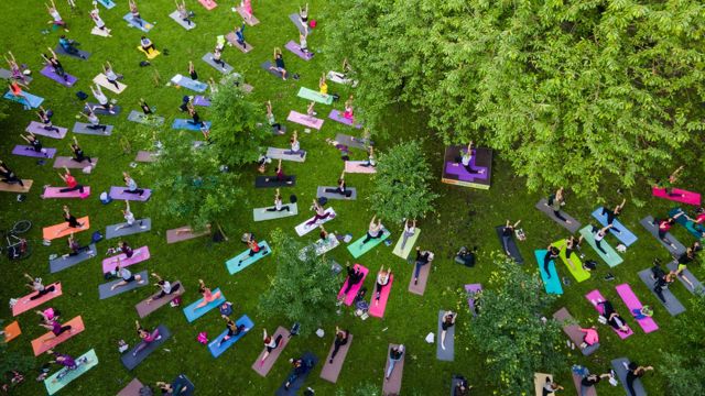 Large group of people doing yoga in a park on colorful yoga mats