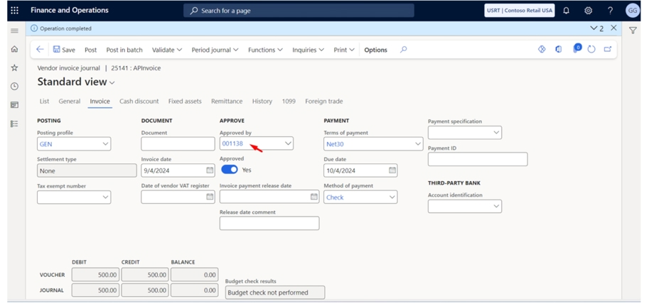 D365 Finance and Operations UI, highlighting 'approved by' field.