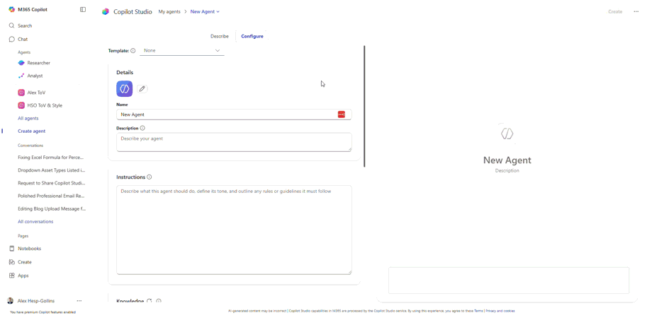 Showcase of lite agent setting in M365 copilot