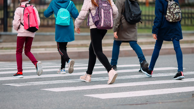 Students walking across the street